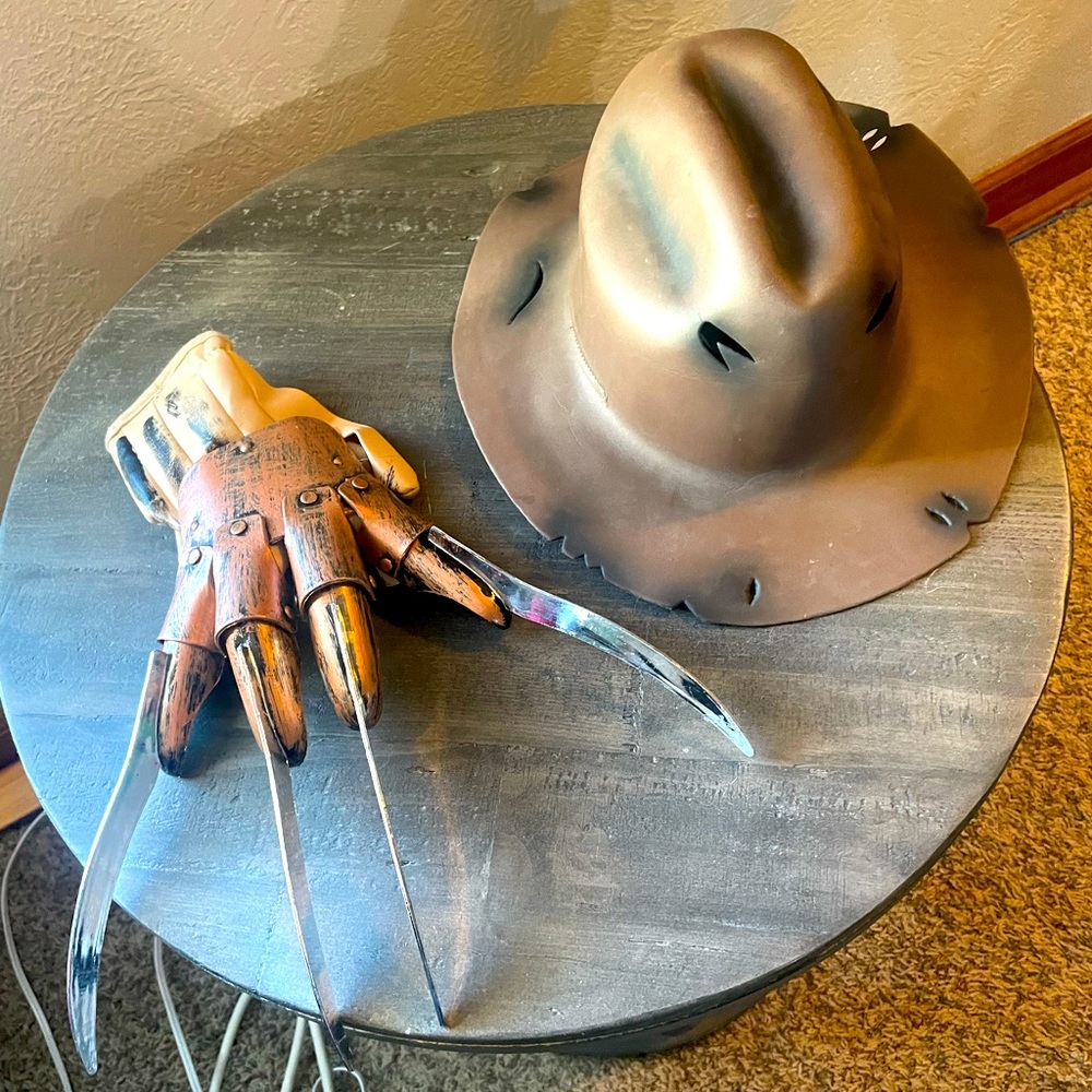 Women’s Freddy Krueger dress size Large with the Freddy hat and a Freddy glove